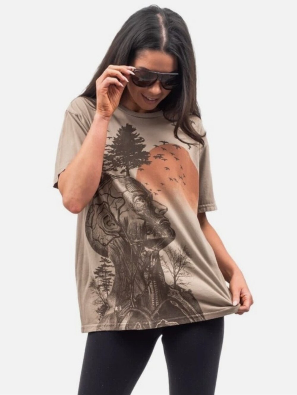 Vintage Junk Food Clothing Gray Tee with Anatomical Head & Orange Sun Graphic
